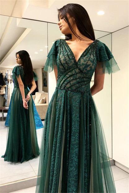 Green A-line Short Sleeves Prom Dresses | V-Neck Lace Prom Dresses-newarrivaldress