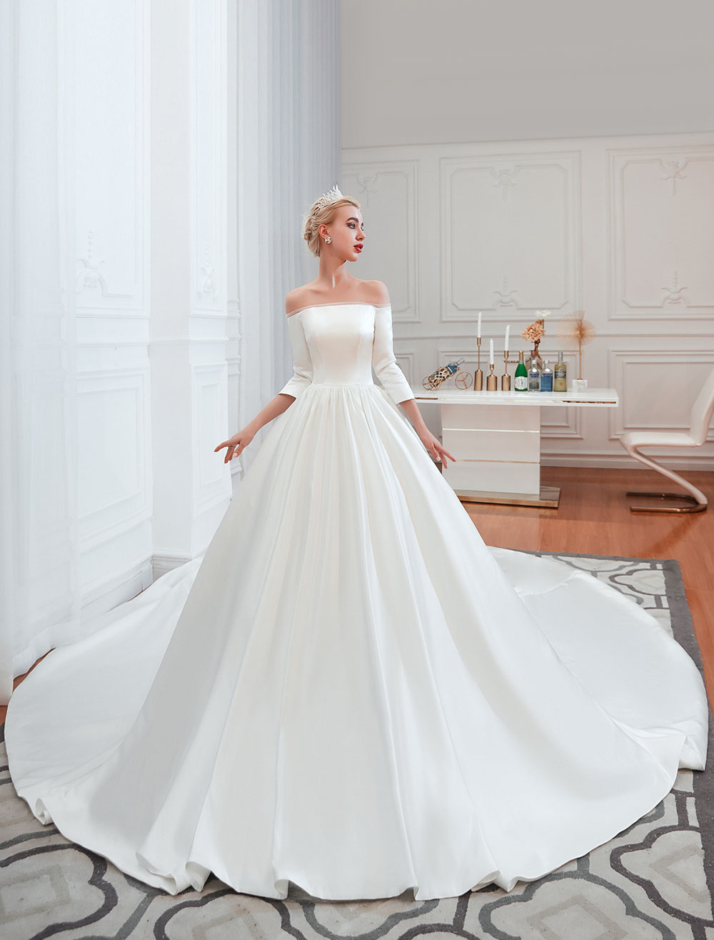 Vintage Wedding Dress 2021 Satin 3/4 Sleeve Off The Shoulder Floor Length Bridal Gowns With Chapel Train-newarrivaldress