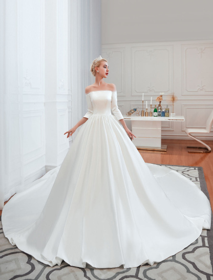 Vintage Wedding Dress 2021 Satin 3/4 Sleeve Off The Shoulder Floor Length Bridal Gowns With Chapel Train-newarrivaldress