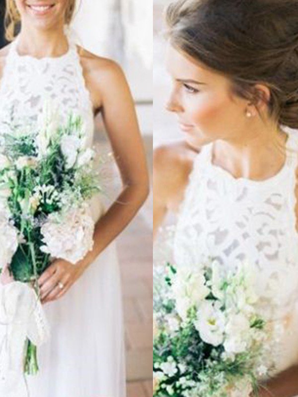 Floor Length A-Line Halter Tulle Sleeveless Wedding Dresses Online-newarrivaldress
