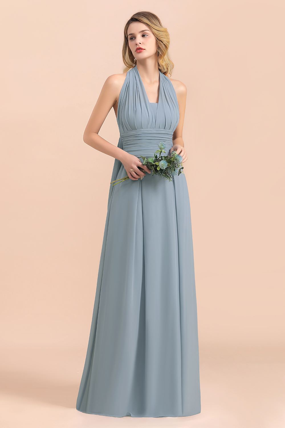 Glamorous Dusty Blue Ruffle Chiffon Long Bridesmaid Dresses-newarrivaldress
