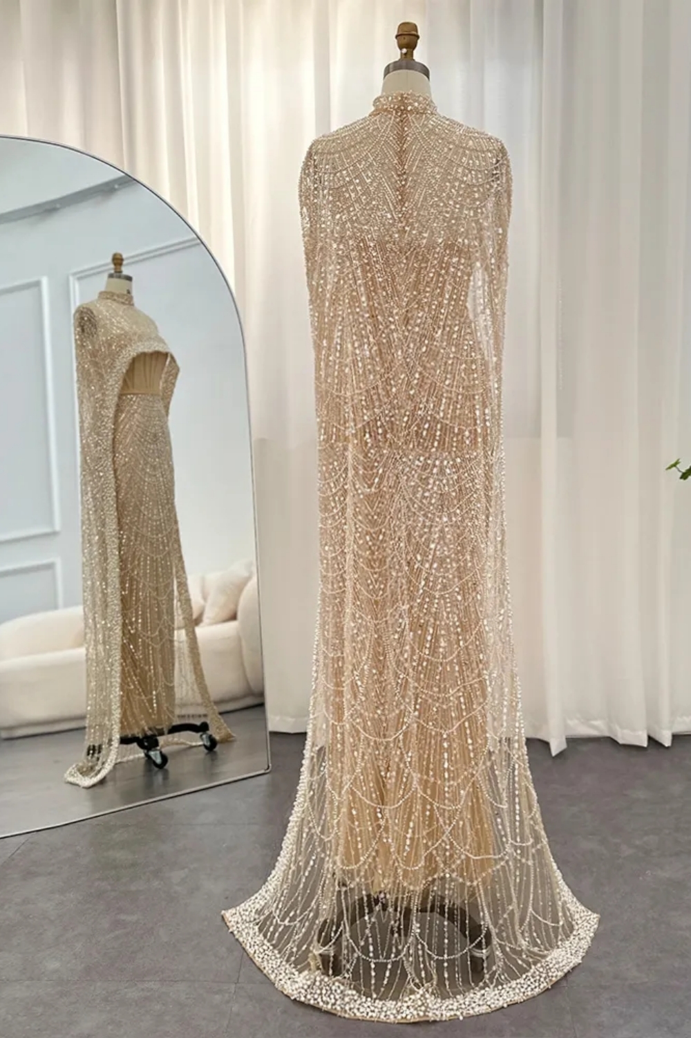 Gorgeous Sparkle Sequins Mermaid Evening Gown See-Through Party Dress with Pearls Cape-newarrivaldress