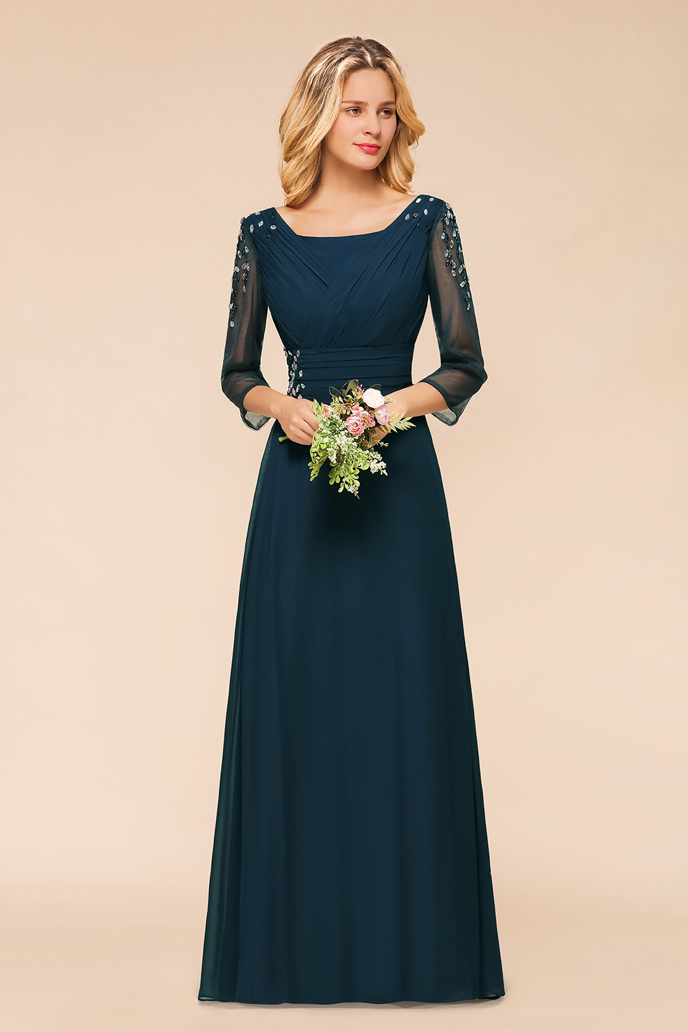 3/4 Sleeves Dark Navy Chiffon Floor -Length Aline Bridesmaid Dresses with Beadings-newarrivaldress