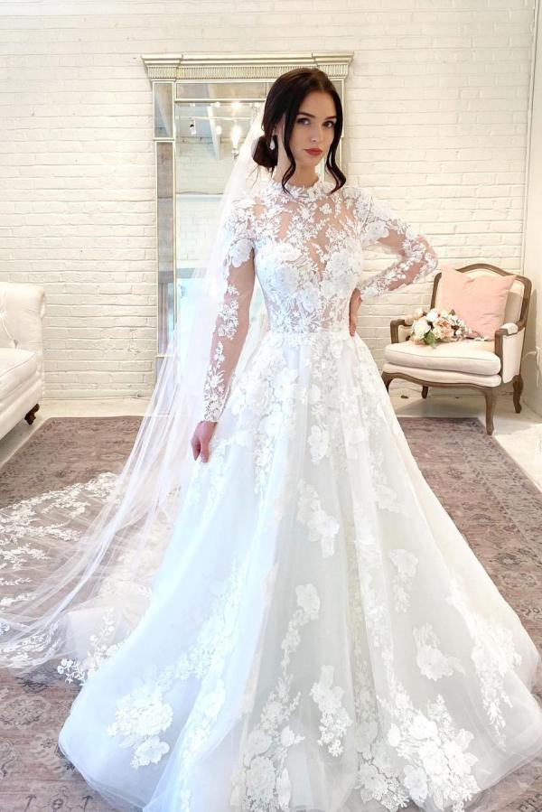 Romantic Wedding Dress with Sleeves Floral Lace High Neck Garden Bridal Dress-newarrivaldress