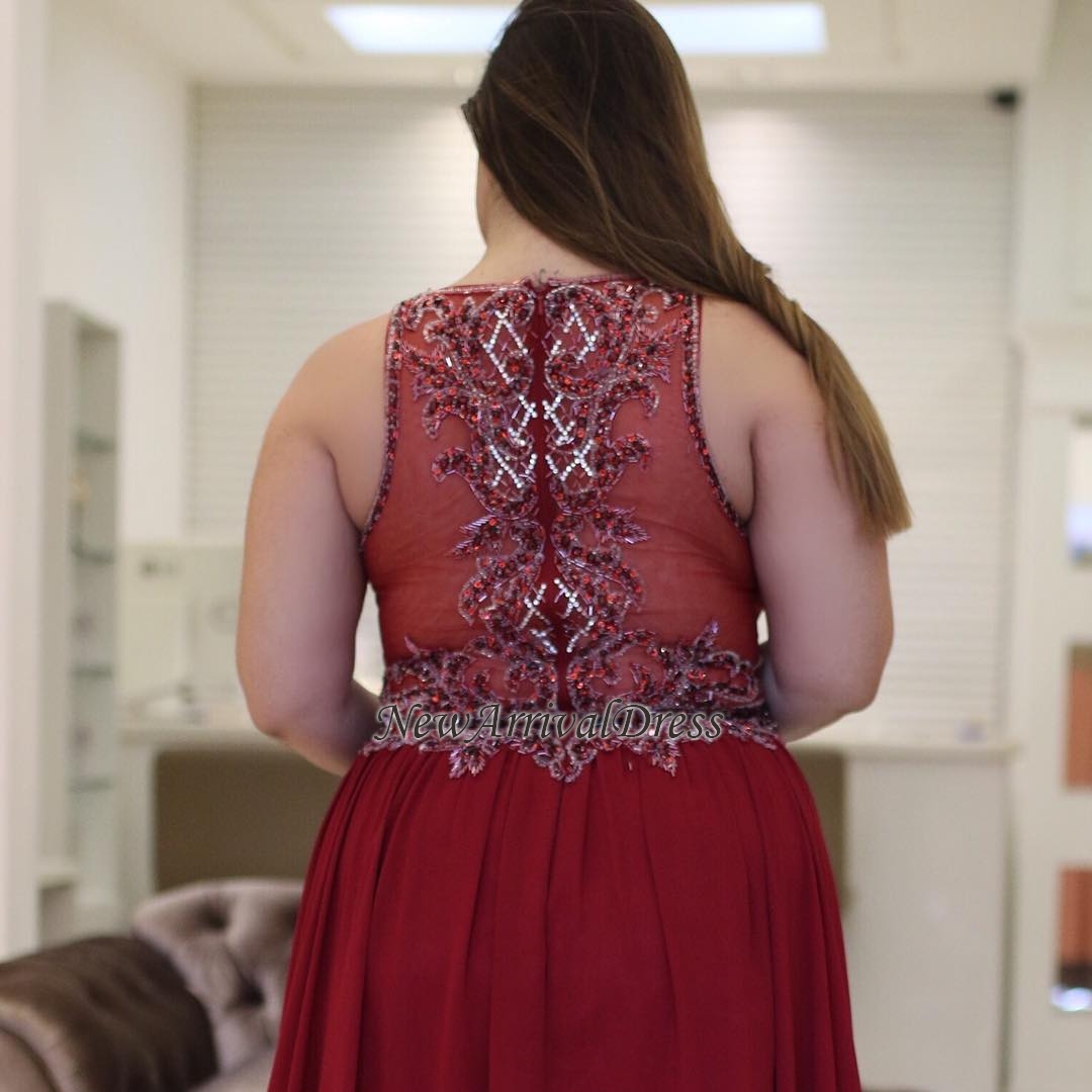Burgundy A-Line Jewel Vintage Rhinestones Plus-Size Chiffon Prom Dresses