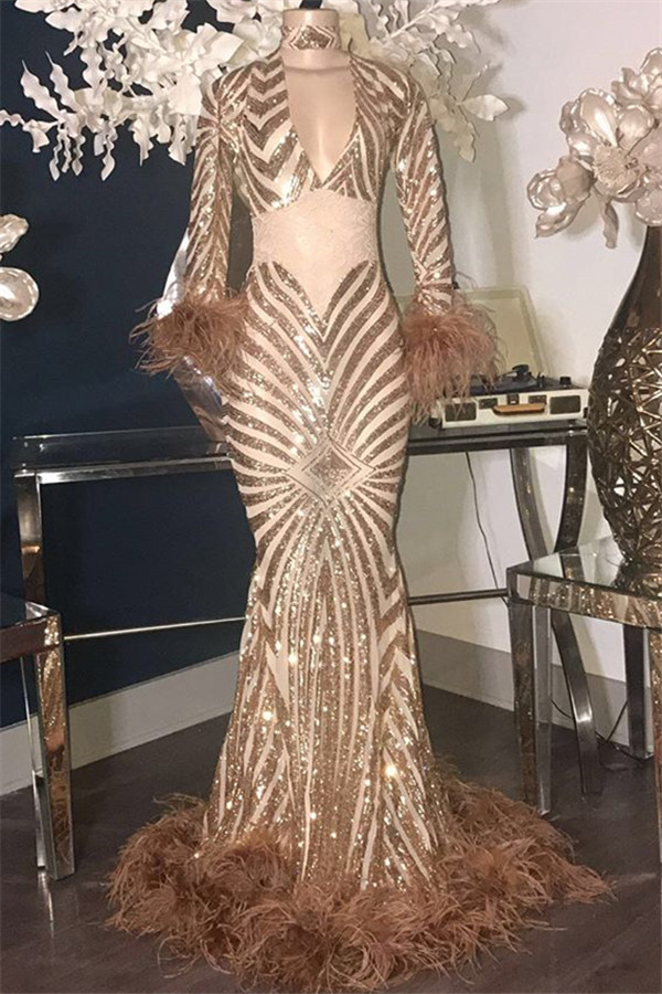 New Arrival Sequins Sexy Prpm Dresses with Feather | High Neck Mermaid Long Evening Gowns-newarrivaldress