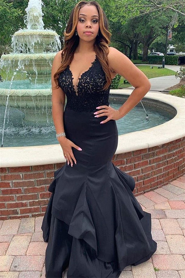 Black Straps Lace Appliques Sleeveless Ruffle Mermaid Prom Dresses-newarrivaldress