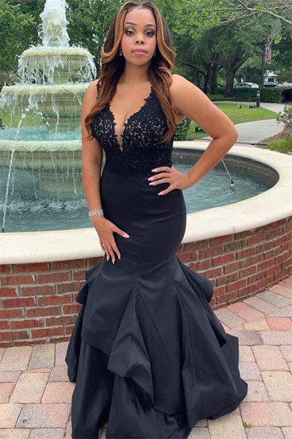 Black Straps Lace Appliques Sleeveless Ruffle Mermaid Prom Dresses-newarrivaldress