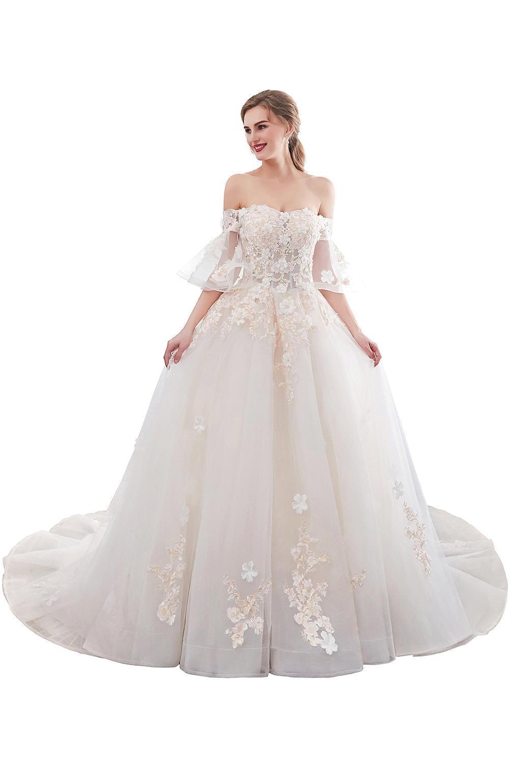 Sexy Off The Shoulder Floor Length Lace Appliques Tulle Ball Gown Wedding Dresses-newarrivaldress