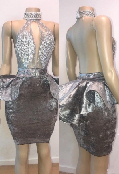 Sexy Backless Silver Velvet Short Prom Dresses | Halter Keyhole Lace Appliques Homecoming Dresses-newarrivaldress