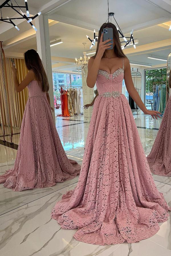 Charming Sweetheart Pink Long Lace Evening Dress with Glitter Beadings Straps-newarrivaldress