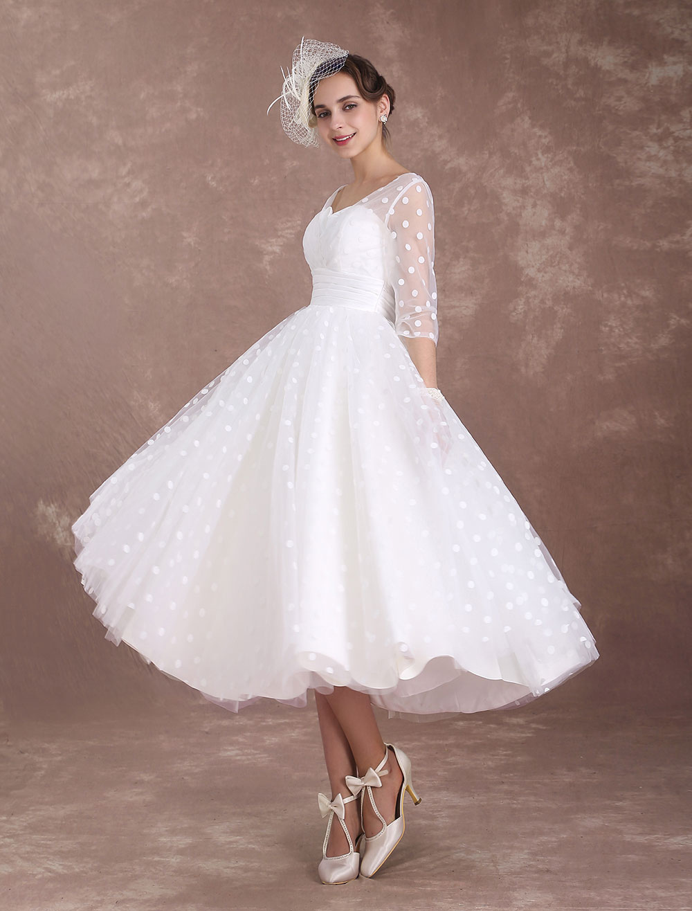 Vintage Wedding Dress Short 1950'S Bridal Dresses Ivory Long Sleeve Open Back Polka Dot Ribbon Sash Wedding Reception Dress Exclusive-newarrivaldress