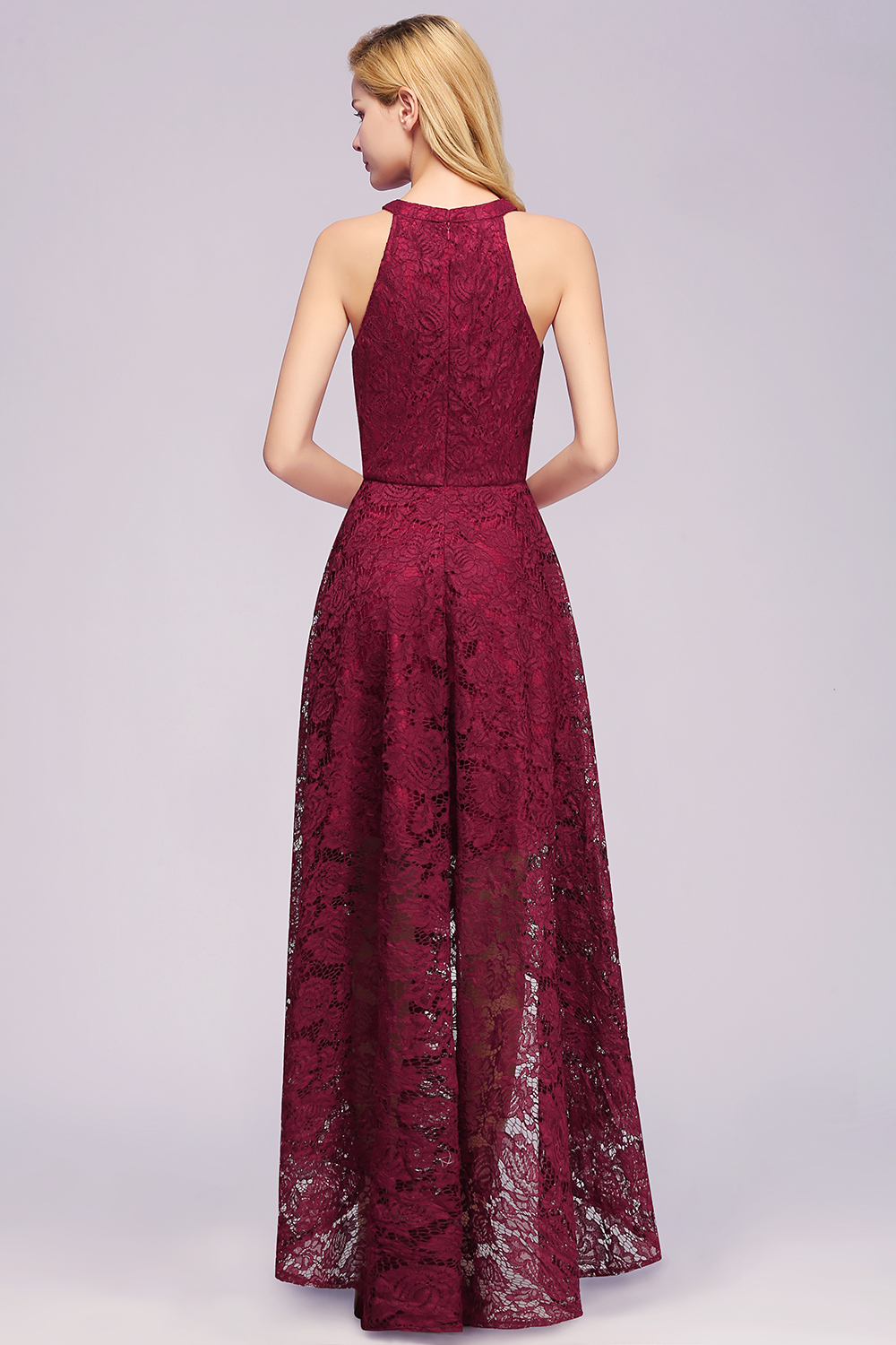 Halter Sleeveless Sheath Asymmetrical Burgundy Lace Dresses-newarrivaldress