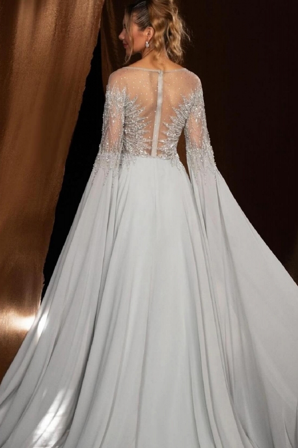 Exquisite Scoop Neck Floor Length Evening Dress with Puffy Sleeves Glitter Sequins Beadings Prom Dress-newarrivaldress