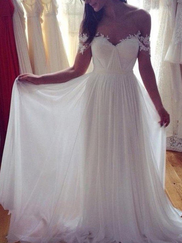 Sweep Train Sexy Chiffon Sleeveless Bridal Gowns | Appliques Lace Off The Shoulder Wedding Dresses-newarrivaldress