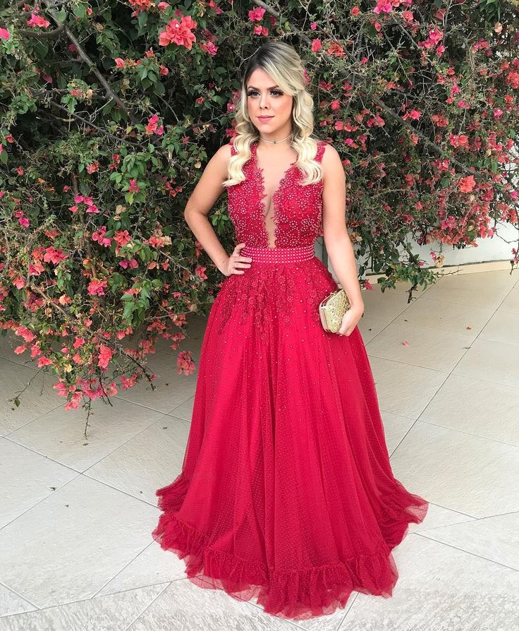 Red Sleeveless LaceEvening Dress With Beadings Long BMT BA7607-newarrivaldress