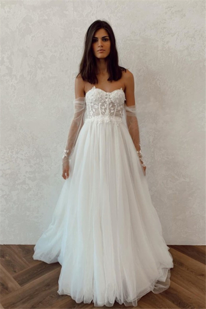 Straplesss A-line Appliques Wedding Dresses | Tulle Sleeves Floor Length Backless Bridal Gowns-newarrivaldress