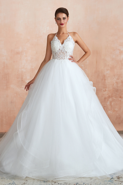 Amazing Halter Floral Lace Aline Wedding Dress Backless Tulle Bridal Gown-newarrivaldress