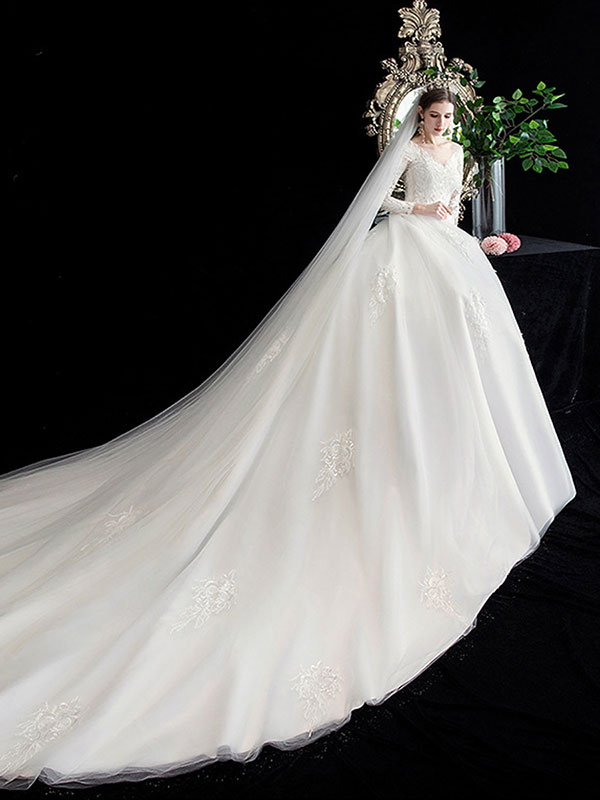 White Wedding Dress Ball Gown Cathedral Train Jewel Neck 3/4 Length Sleeves Natural Waist Applique Satin Fabric Bridal Dresses-newarrivaldress