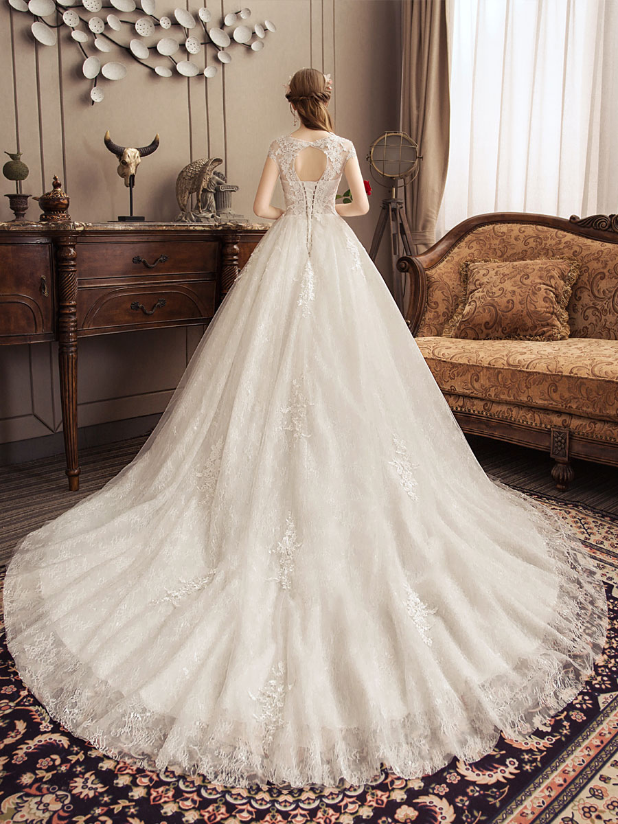 Lace Wedding Dresses Princess Bridal Gown Ivory Jewel Neck Short Sleeve Bridal Dress With Train-newarrivaldress