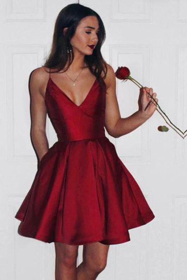 Burgundy Short Homecoming Dress Simple Spaghetti Straps Party Dress-newarrivaldress