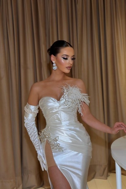 Chic Off-the-Shoulder Side Slit Evening Dress Satin Long Party Dress-newarrivaldress