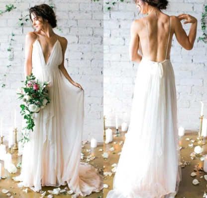 Chiffon V-Neck Beach Elegant Sleeveless Long Wedding Dresses Online-newarrivaldress