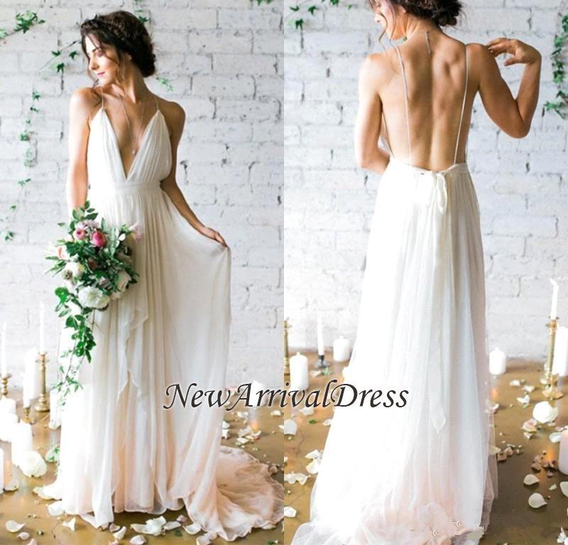 Chiffon V-Neck Beach Elegant Sleeveless Long Wedding Dresses Online-newarrivaldress