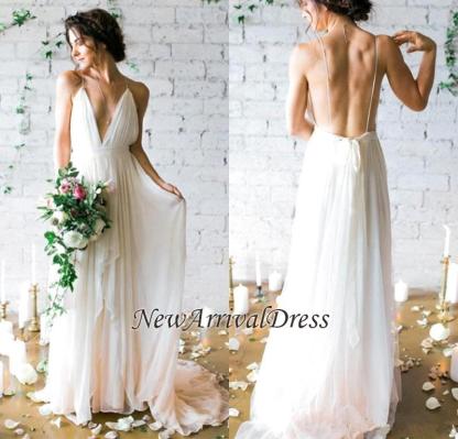 Chiffon V-Neck Beach Elegant Sleeveless Long Wedding Dresses Online-newarrivaldress