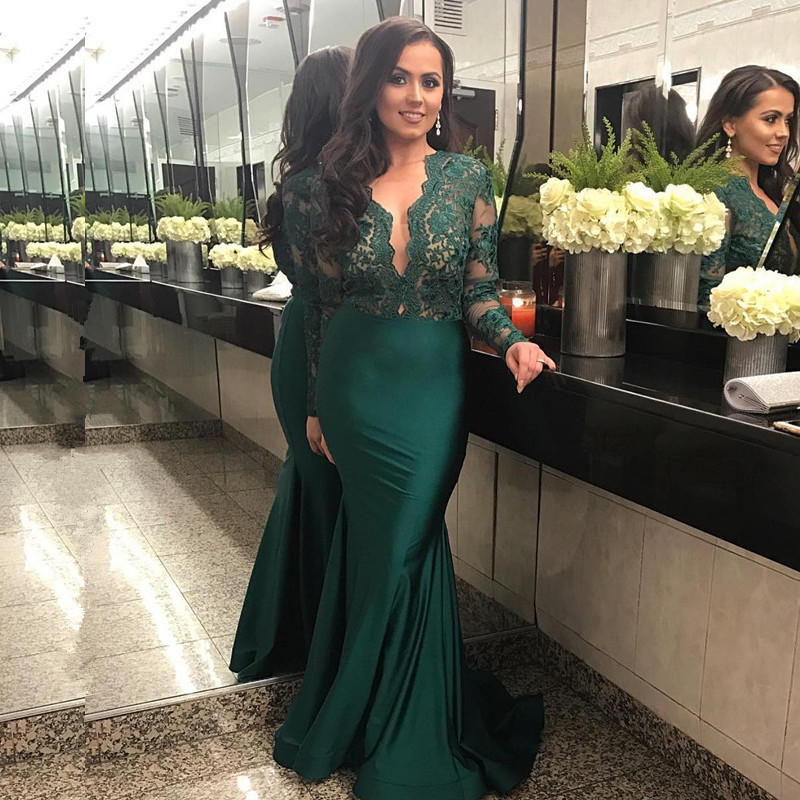 Elegant Long Sleeve LaceProm Dress Mermaid Green Women's Party Dress-newarrivaldress