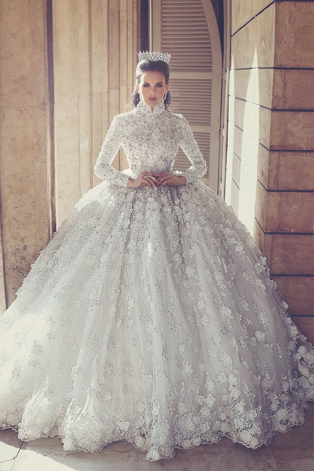 Retro High Neck Lace Wedding Dresses with Beads | Luxury Long Sleeve Ball Gown Bridal Gowns with Appliques-newarrivaldress