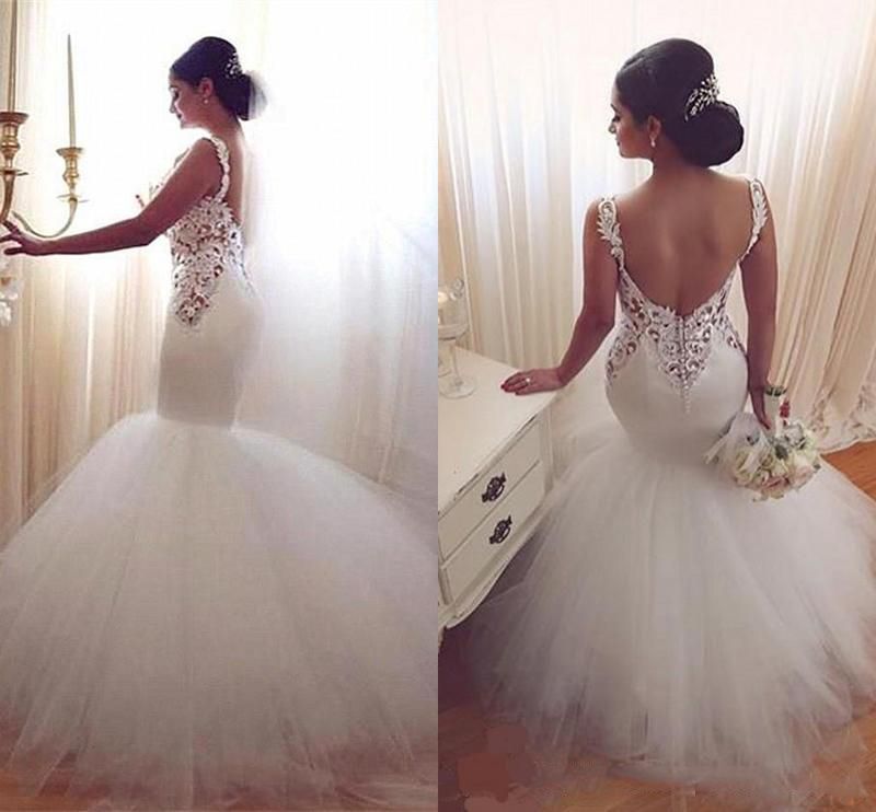 Lace Appliques V-Neck Sexy Mermaid Wedding Dresses Online Sleeveless Tulle Bridal Gowns-newarrivaldress