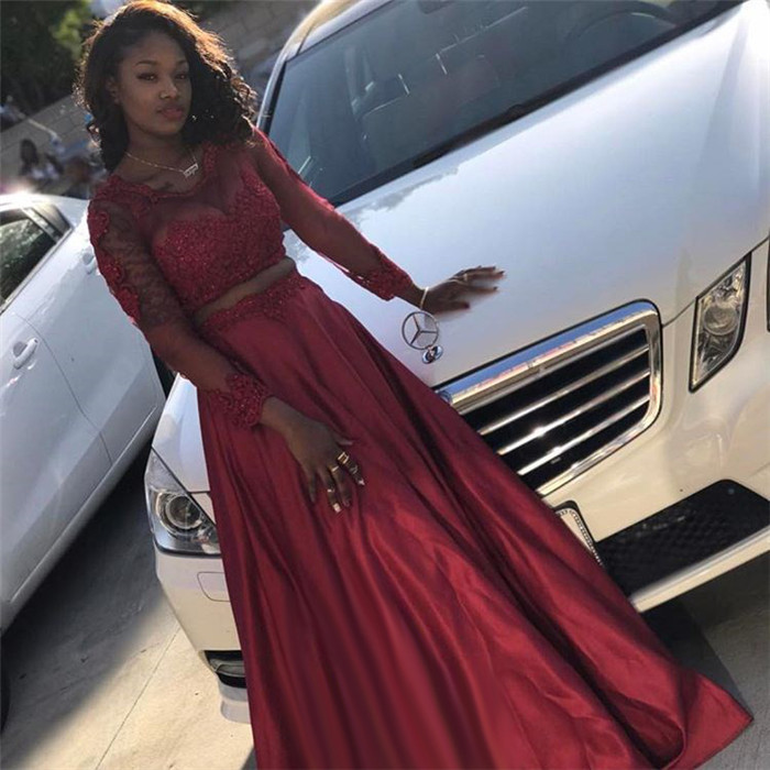 Two Pieces Round Neck Long Sleeves A-Line Prom Dress-newarrivaldress