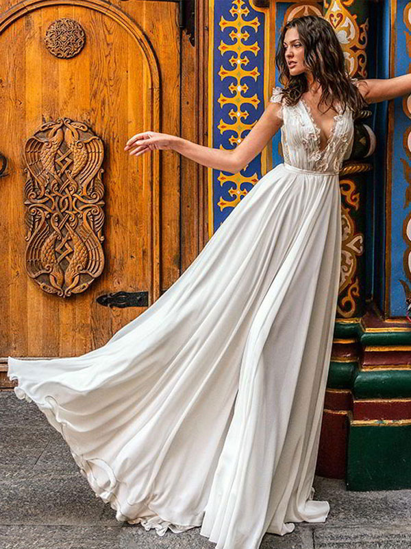 White Simple Wedding Dress A-Line Court Train V-Neck Natural Waistline Sleeveless Chiffon Lace Bridal Dresses-newarrivaldress
