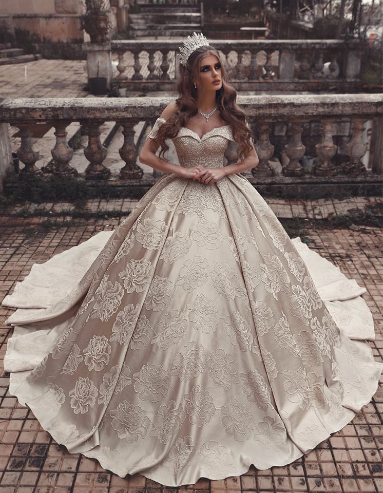 Luxury Off The Shoulder Ball Gown Wedding Dresses | Champagne Satin Bridal Gowns with Flower Appliques-newarrivaldress
