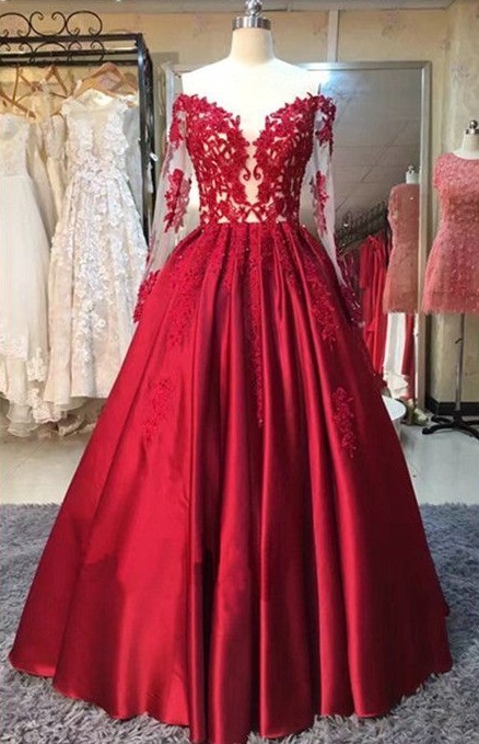 Puffy Long Sleeve Off The Shoulder Red Lace Appliques Long Prom Dresses BA5004-newarrivaldress