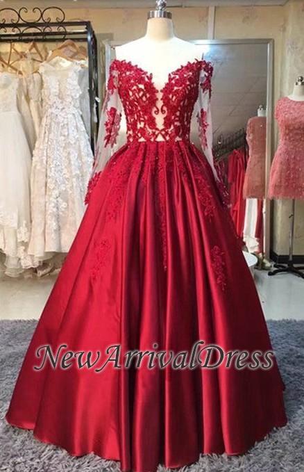 Puffy Long Sleeve Off The Shoulder Red Lace Appliques Long Prom Dresses BA5004-newarrivaldress