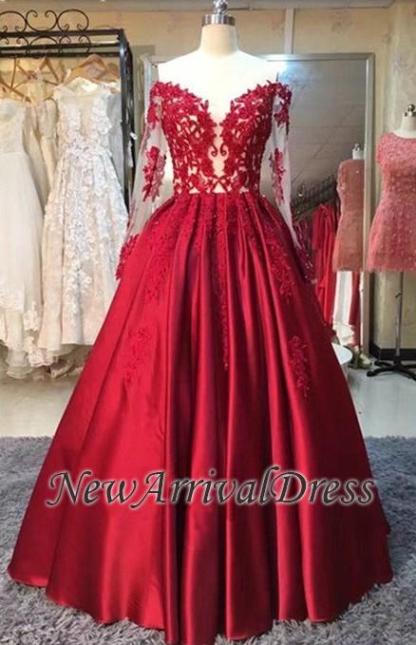 Puffy Long Sleeve Off The Shoulder Red Lace Appliques Long Prom Dresses BA5004-newarrivaldress