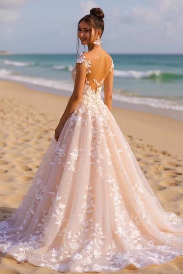 A-line Wedding Dress Scoop Neck Tulle Lace Appliques Long Bridal Dress