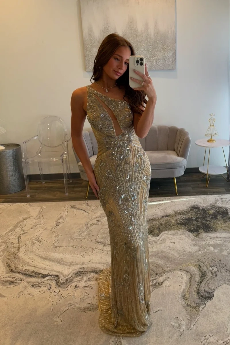 One-Shoulder Sequined Floor-Length Sheath Prom Dress Cut-out Evening Dress