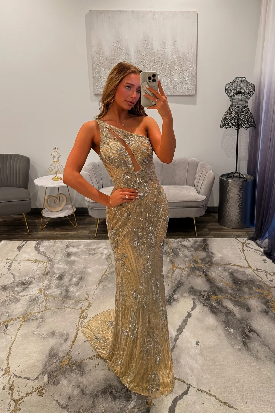 One-Shoulder Sequined Floor-Length Sheath Prom Dress Cut-out Evening Dress