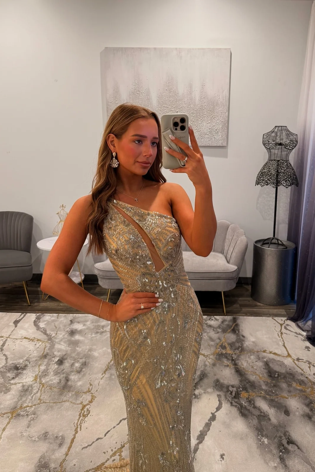 One-Shoulder Sequined Floor-Length Sheath Prom Dress Cut-out Evening Dress