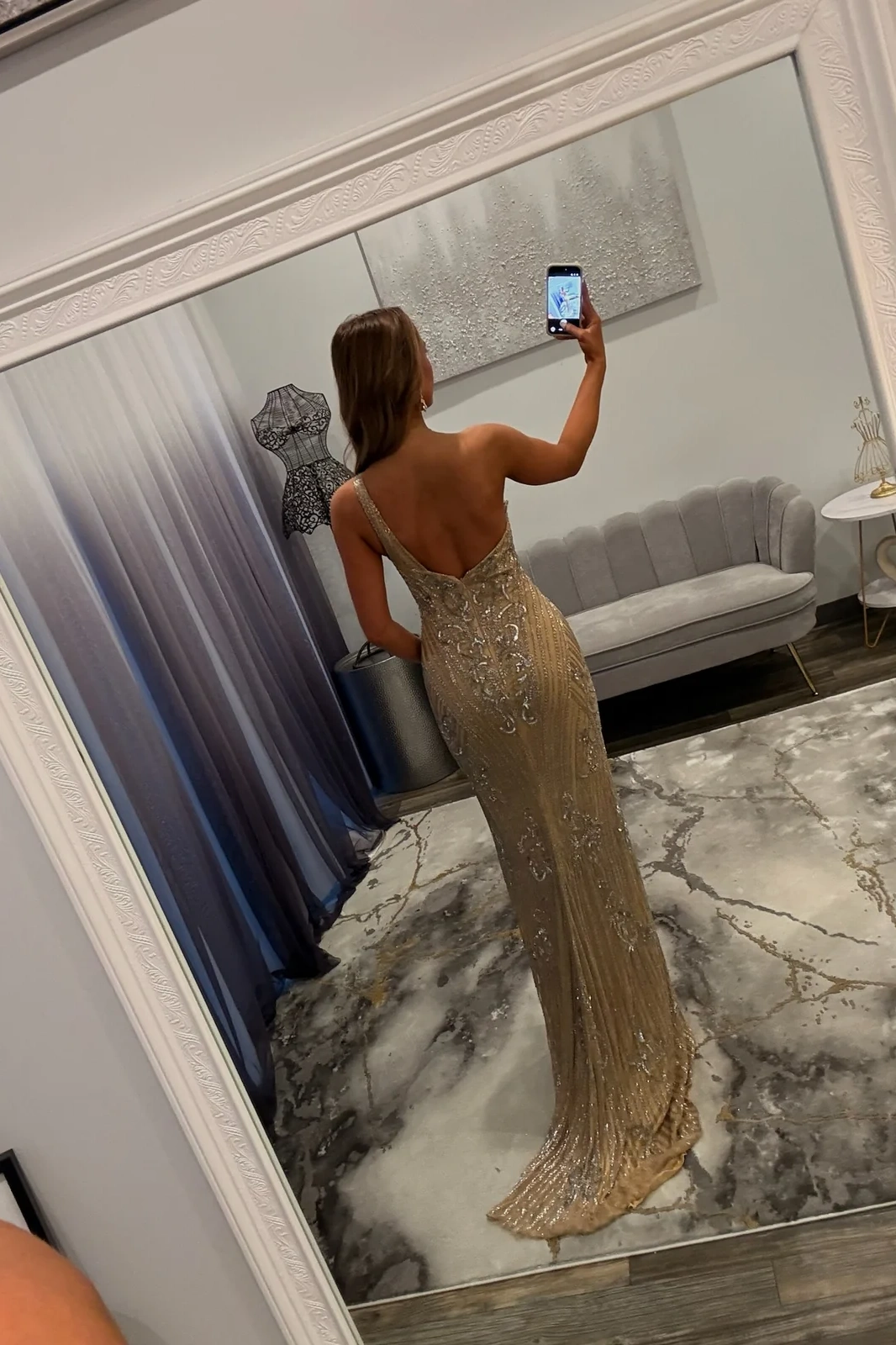 One-Shoulder Sequined Floor-Length Sheath Prom Dress Cut-out Evening Dress