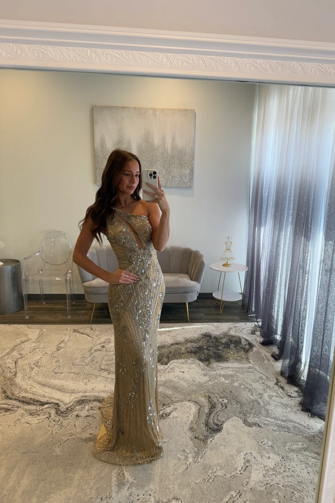 One-Shoulder Sequined Floor-Length Sheath Prom Dress Cut-out Evening Dress