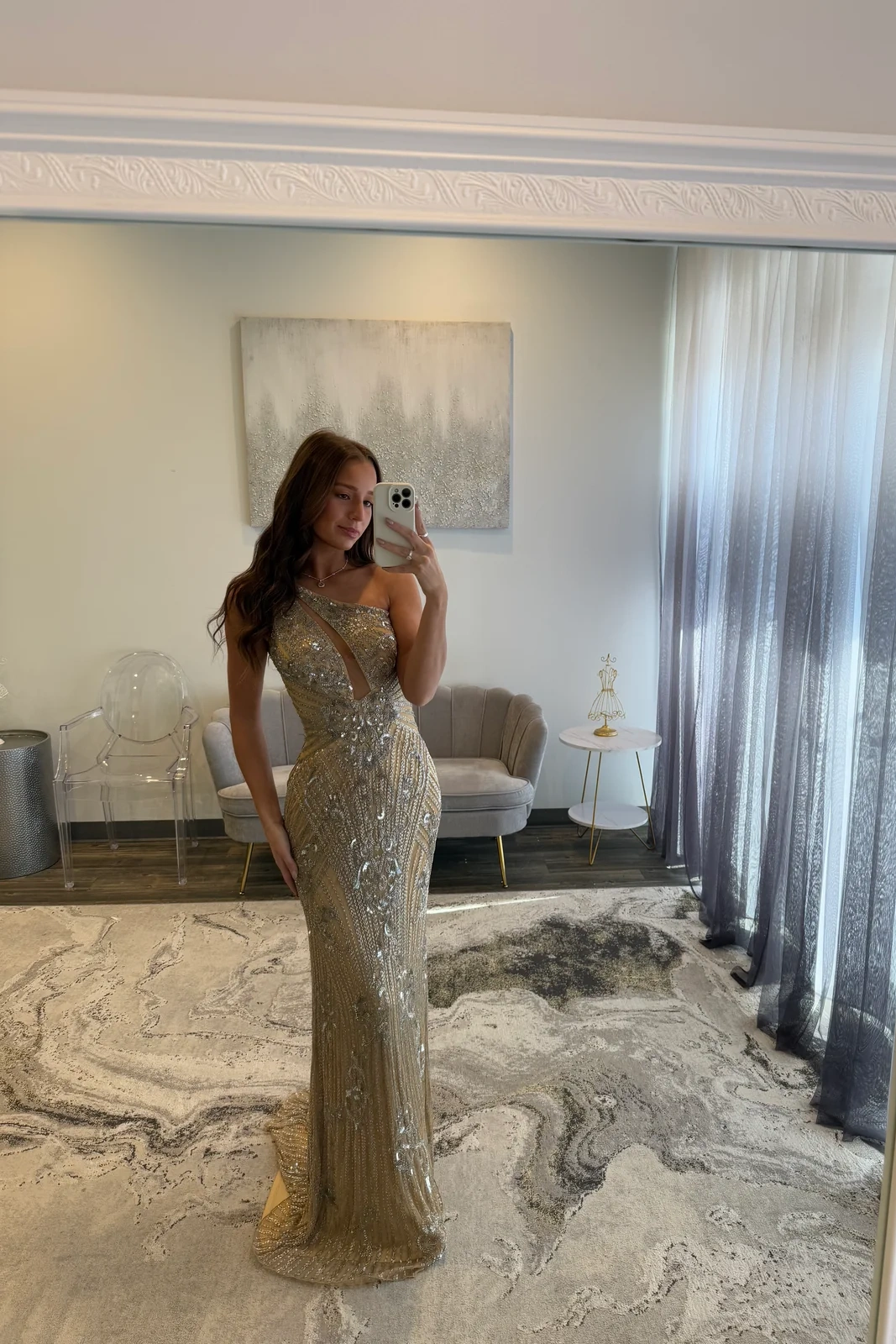 One-Shoulder Sequined Floor-Length Sheath Prom Dress Cut-out Evening Dress