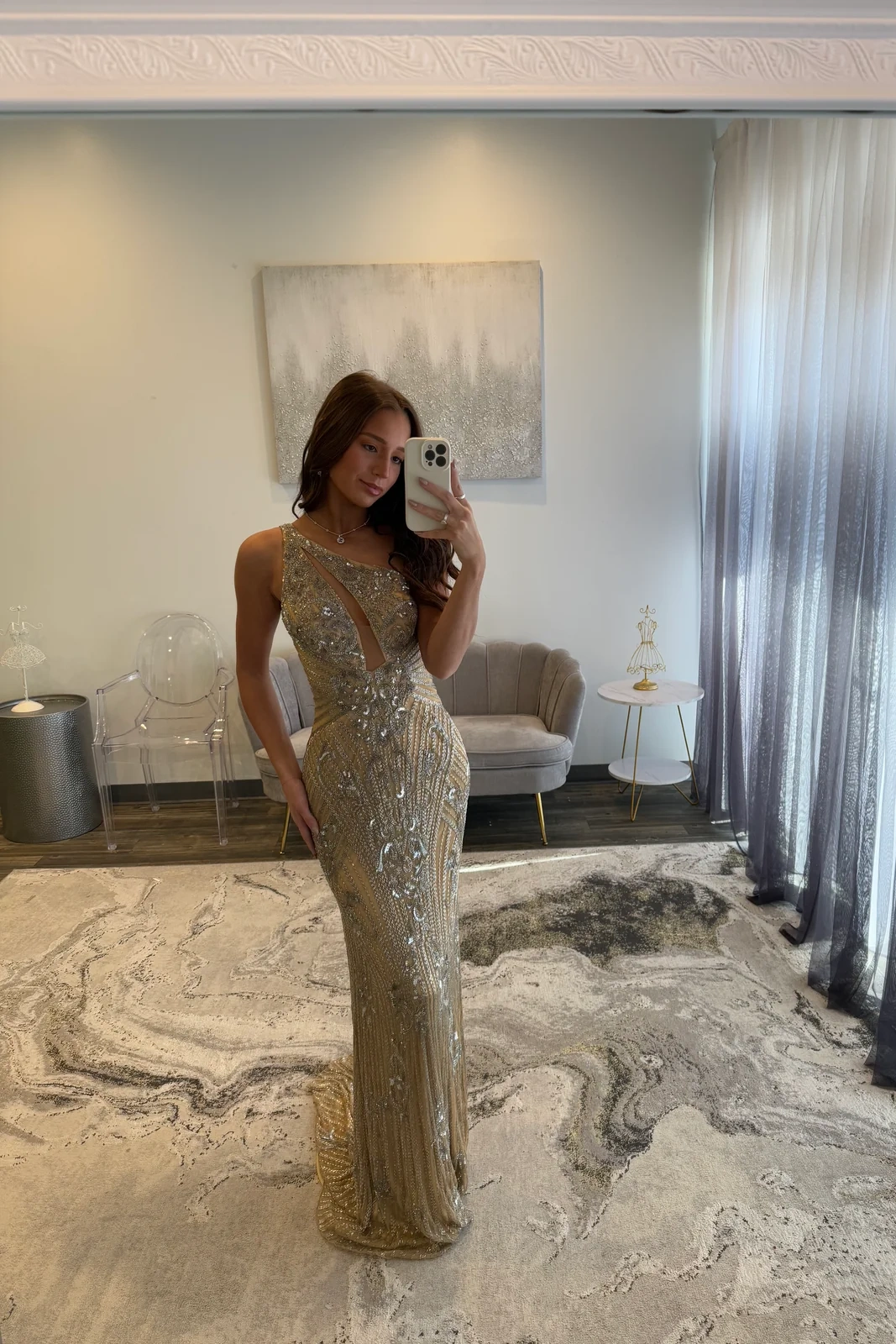 One-Shoulder Sequined Floor-Length Sheath Prom Dress Cut-out Evening Dress