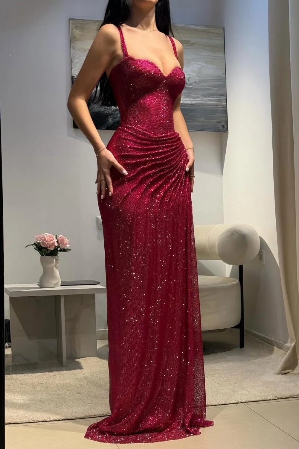 Glitter Red Spaghetti Straps Floor-Length Mermaid Prom Dress with High Split