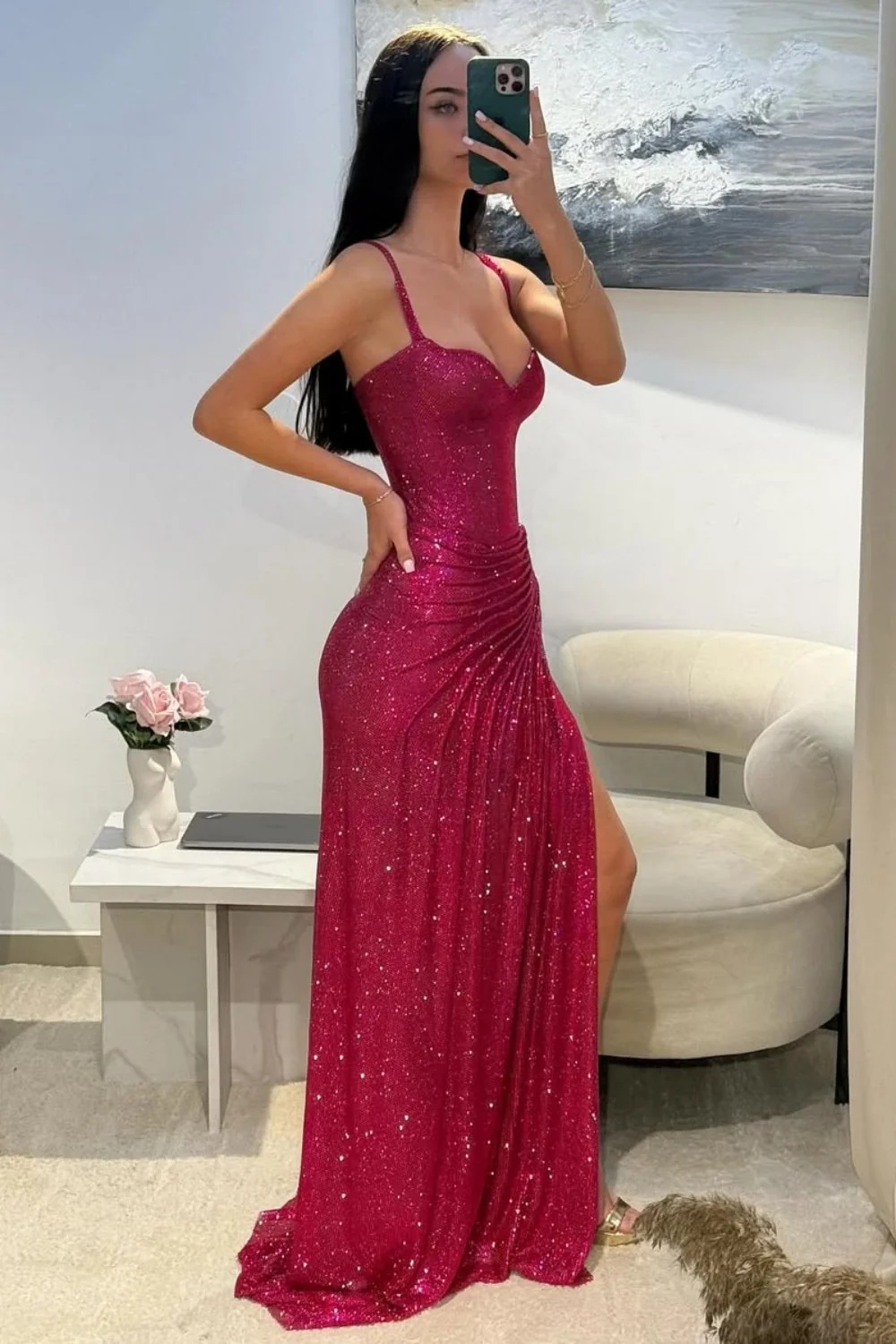 Glitter Red Spaghetti Straps Floor-Length Mermaid Prom Dress with High Split