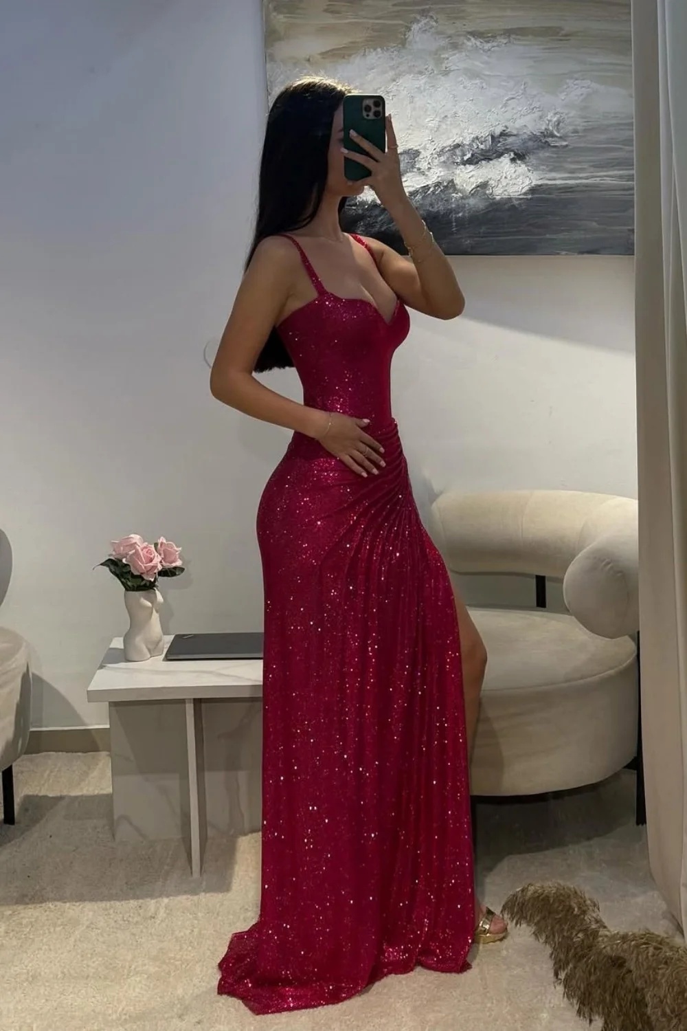 Glitter Red Spaghetti Straps Floor-Length Mermaid Prom Dress with High Split