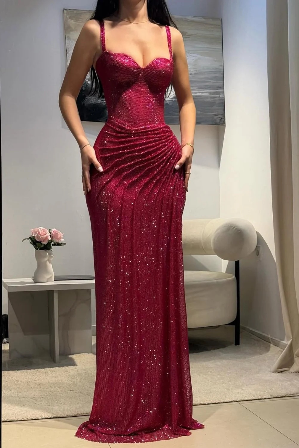 Glitter Red Spaghetti Straps Floor-Length Mermaid Prom Dress with High Split